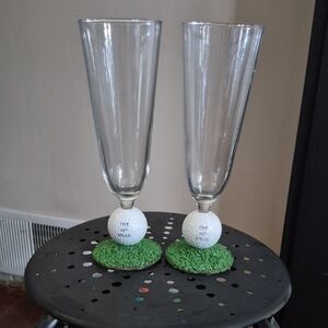 Clear Glass Golf Ball Stem Champagne Flute Pair - White/Green